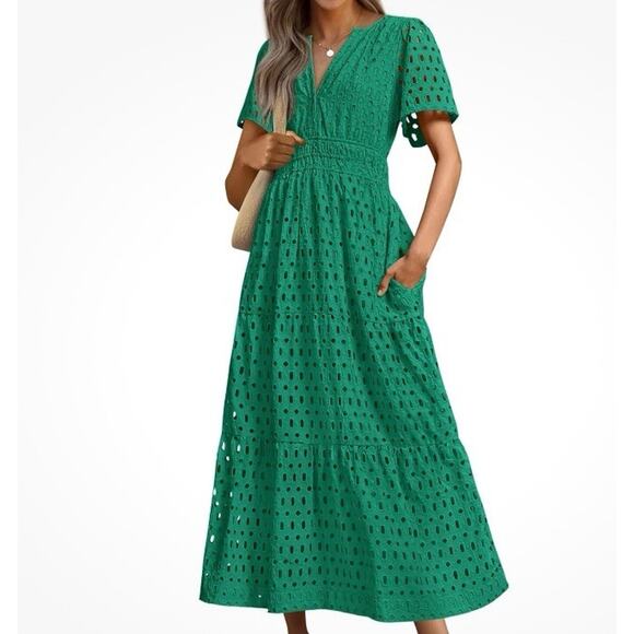 PRETTYGARDEN Womens Size XXL Green Maxi Dress V Neck Cut-Outa - Picture 1 of 9